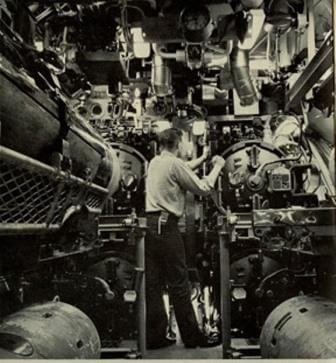 Forward torpedo room on a diesel boat